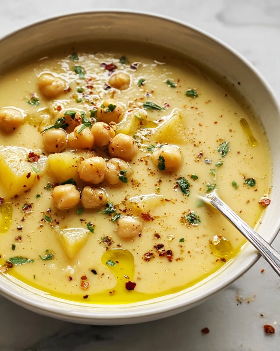 A close-up of a creamy soup served in a white bowl, showing a smooth light beige base topped with small round chickpeas and soft potato chunks that are pale yellow. The soup surface is sprinkled with finely chopped green herbs, crushed red pepper flakes, and black pepper. There is a drizzle of golden olive oil creating a shiny layer on top. A silver spoon rests inside the bowl on the right side. The bowl is placed on a white marbled surface with a blurry piece of bread in the background. Photo taken with an iphone --ar 4:5 --v 7