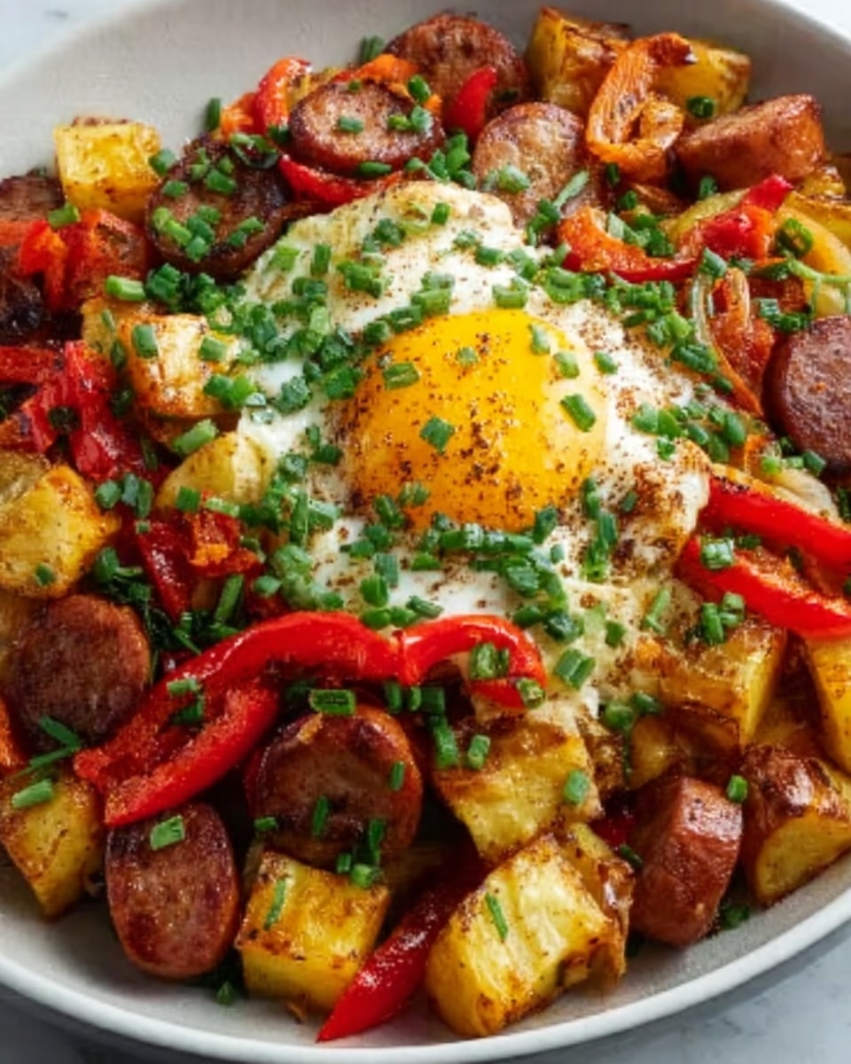 A white plate holds a colorful breakfast dish with three visible layers. The bottom layer is scattered with golden brown potato chunks mixed with red bell pepper slices, both having a soft, slightly crisp texture. On top, there are thick, round slices of browned sausage placed evenly across the dish. The upper layer features perfectly cooked sunny-side-up eggs with bright yellow yolks and whites that are slightly crispy at the edges. Chopped green chives and small bits of red onion are sprinkled generously over the top, adding a fresh green and purple contrast. The dish looks warm and hearty with a slight shine from the cooking oil. Photo taken with an iphone --ar 4:5 --v 7