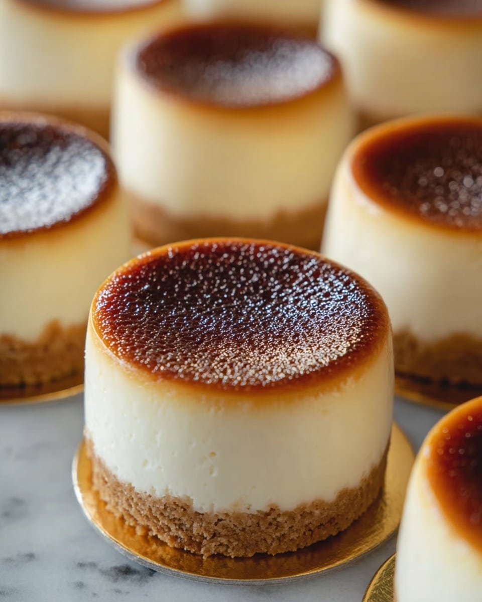 The image shows several small, round cheesecakes with three visible layers. The bottom layer is a thin, crumbly, light brown crust. The middle layer is thick, smooth, and creamy white cheesecake. The top layer is a thin, glossy, caramelized brown surface with a slightly uneven texture, creating a gradient from dark brown in the center to lighter brown around the edges. Each cheesecake sits on a small round gold base, and all are placed on a white marbled surface. photo taken with an iphone --ar 4:5 --v 7