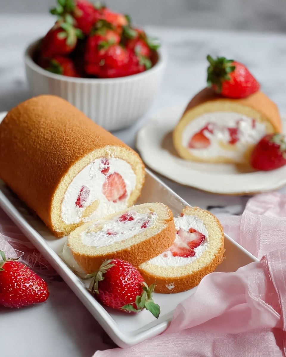 A white rectangular plate holds a light brown rolled sponge cake sliced into three. The cake has two layers: a smooth, soft outer sponge and a thick, white creamy filling with small pieces of red strawberry inside. The plate is decorated with a fresh red strawberry with green leaves. Behind it, a white bowl filled with bright red strawberries sits on a white marbled surface. There is a white plate nearby with one slice of the cake and a strawberry on the side, and a woman’s hand gently placed next to it on a soft pink cloth. Photo taken with an iphone --ar 4:5 --v 7