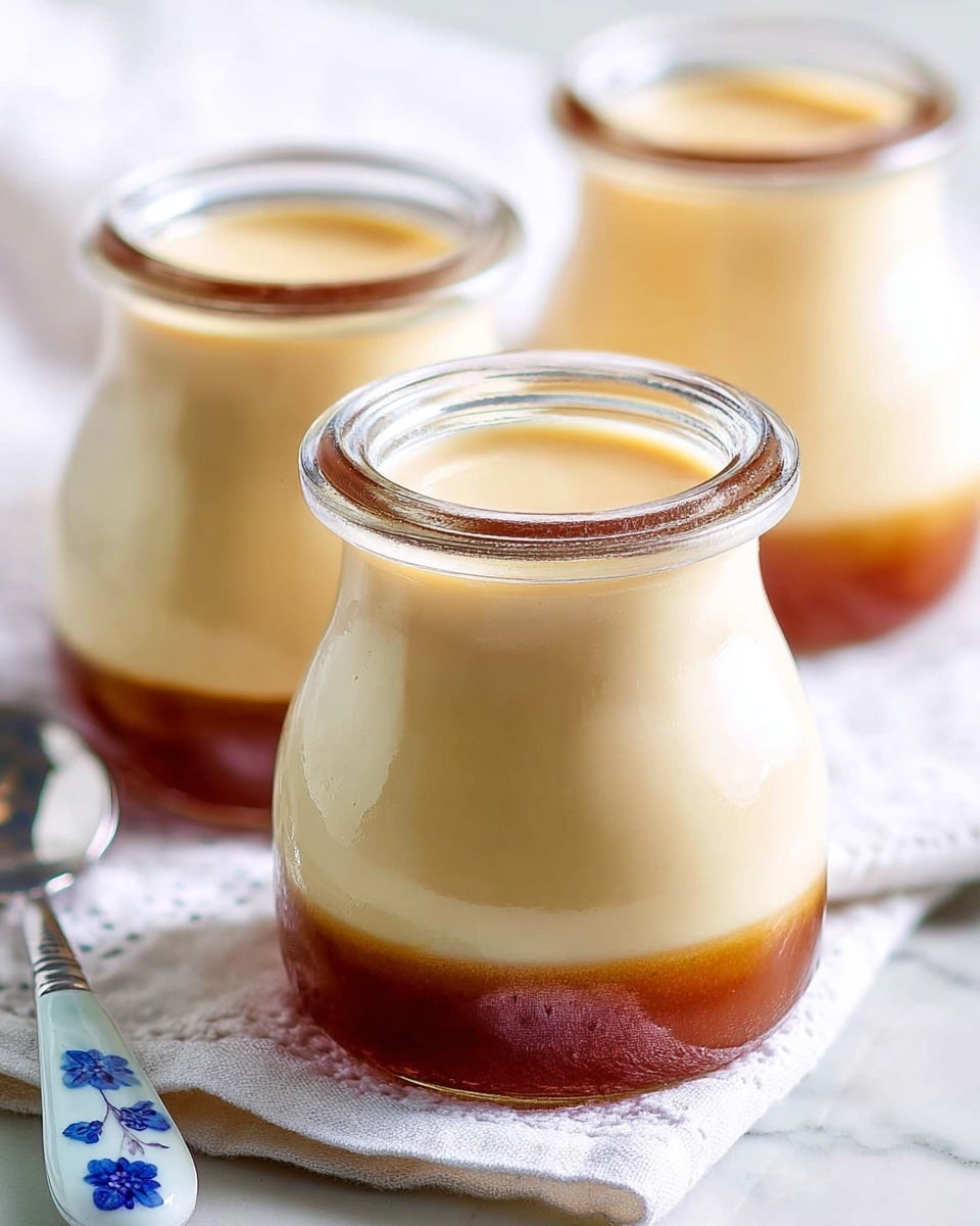 The image shows three small glass jars filled with a layered dessert. Each jar has three layers: the bottom layer is a dark amber color with a smooth texture, the middle layer is a creamy light beige color that looks thick and soft, and the top layer is a pale white foam with a slightly frothy texture. The jars are placed on a white marbled surface, and a white cloth with a subtle pattern is partly visible under them. A ceramic spoon with blue patterns is next to the nearest jar. Photo taken with an iphone --ar 4:5 --v 7