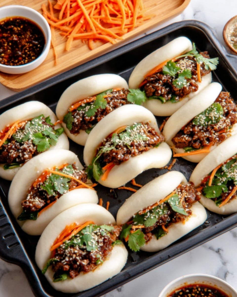 The image shows eight steamed bao buns neatly arranged in a black rectangular tray. Each bun is white and fluffy, split open and filled with a layer of tender brown meat pieces, topped with bright green chopped scallions and orange thin carrot strips. Small white sesame seeds are sprinkled on the meat, adding texture. In the background, sauces in small white bowls and some sliced white cones of vegetables sit on a white marbled surface. A woman’s hand is reaching toward the tray. Photo taken with an iphone --ar 4:5 --v 7