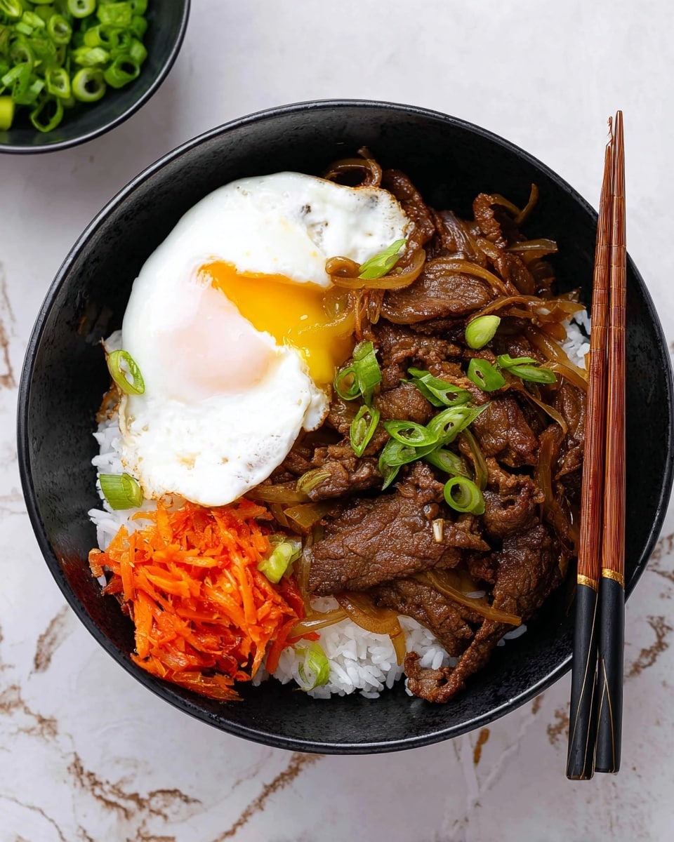 A black bowl holds a meal with four main layers: at the bottom is a layer of white rice, topped mostly by a rich brown layer of cooked beef slices mixed with translucent cooked onions. On one side of the bowl, bright red pickled ginger is placed next to the rice, with a few chopped fresh green onions sprinkled over both. A soft poached egg with a white outer layer and a runny yellow yolk slightly oozing is set on top of the rice beside the beef. A pair of wooden chopsticks with black grips rests on the right edge of the bowl. The bowl sits on a white marbled texture. Photo taken with an iphone --ar 4:5 --v 7