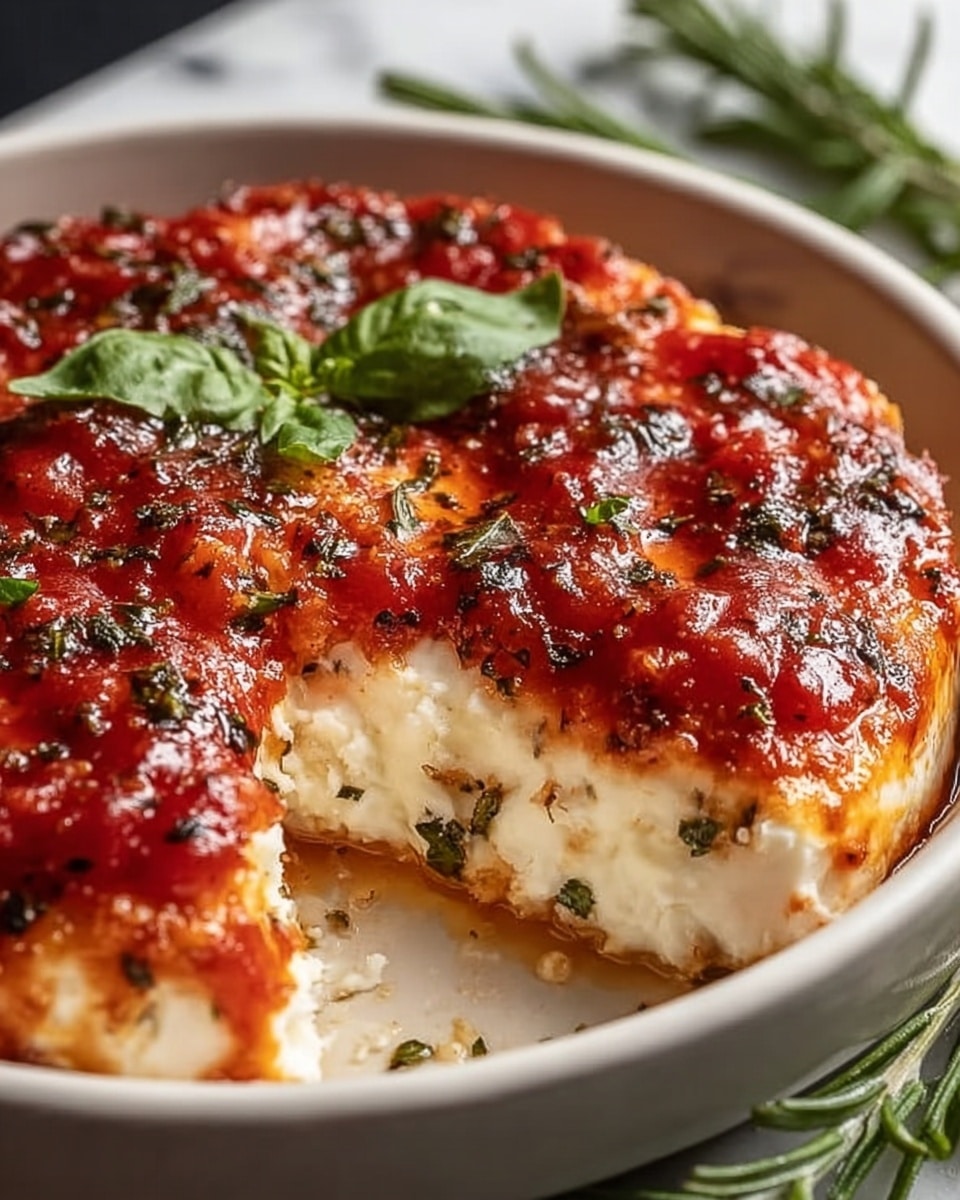 The image shows a close-up of a round dish with three layers inside a white bowl: the bottom layer is light and fluffy, looking like soft bread or dough with a creamy texture where a slice is missing, the middle layer is melted white cheese that stretches slightly from the cut piece, and the top layer is a vibrant red tomato sauce spread thickly with visible herbs like green basil leaves and sprinkled black pepper pieces. The bowl sits on a white marbled surface with a few rosemary sprigs nearby. Photo taken with an iphone --ar 4:5 --v 7