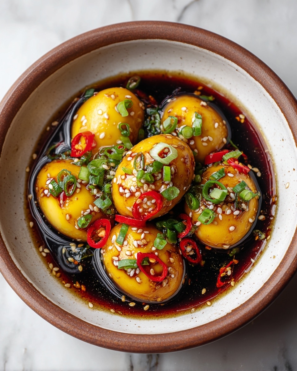 Six smooth, shiny brown eggs sit in a white bowl filled with dark, rich soy sauce. The eggs are topped with bright green sliced spring onions and small red chili pieces, adding splashes of color. The sauce is thick and glossy, covering the bottom of the bowl and surrounding the eggs. White sesame seeds are sprinkled over the eggs and sauce, giving a slight crunch texture. The bowl rests on a white marbled surface, making the colors stand out. photo taken with an iphone --ar 4:5 --v 7