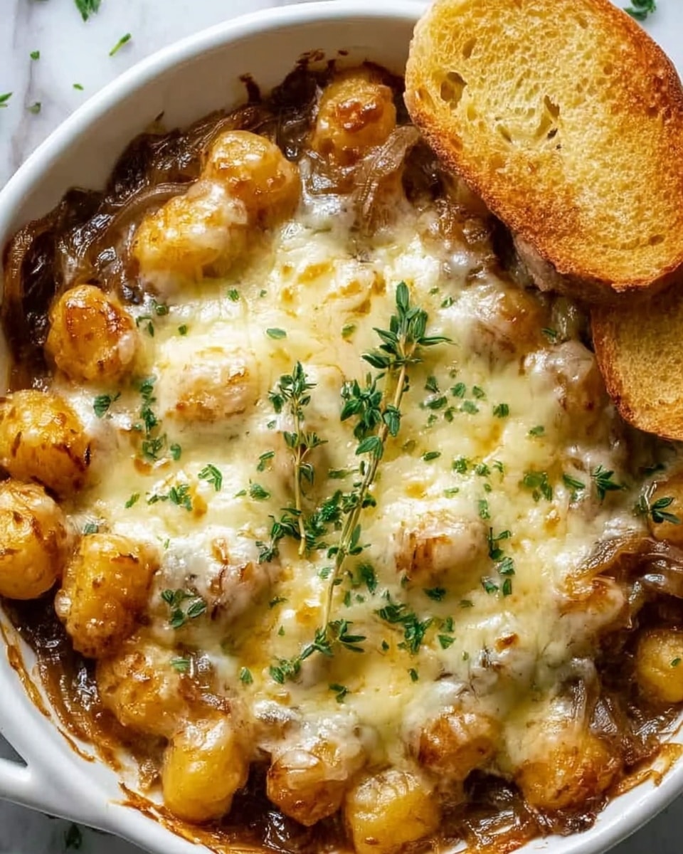 A white bowl filled with a baked dish featuring a layer of golden-brown melted cheese covering small round gnocchi pieces in a rich, brown sauce. The surface is slightly bubbly with some browned cheese spots, and fresh green herb sprigs are placed on top as a garnish. Two toasted bread slices with a light golden crust rest on the edge of the bowl. The bowl sits on a white marbled textured surface. photo taken with an iphone --ar 4:5 --v 7
