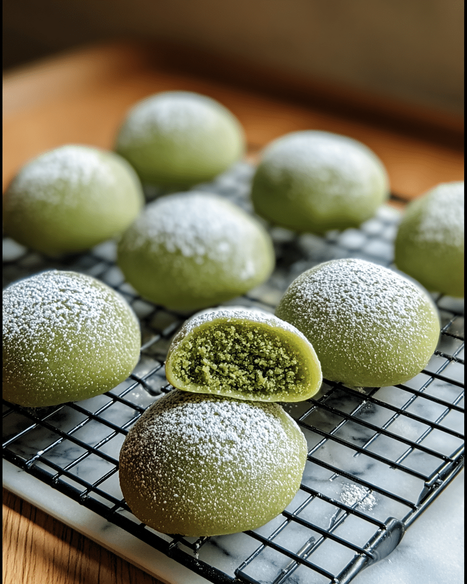 The image shows eight round green mochi dusted with white powdered sugar, arranged on a round black wire cooling rack. One mochi is cut in half and placed in the center, revealing a coarse, grainy green filling inside. The mochi have a smooth, soft texture and a slightly shiny surface. The setup is on a white marbled textured surface with a blurred brown background. Photo taken with an iphone --ar 4:5 --v 7
