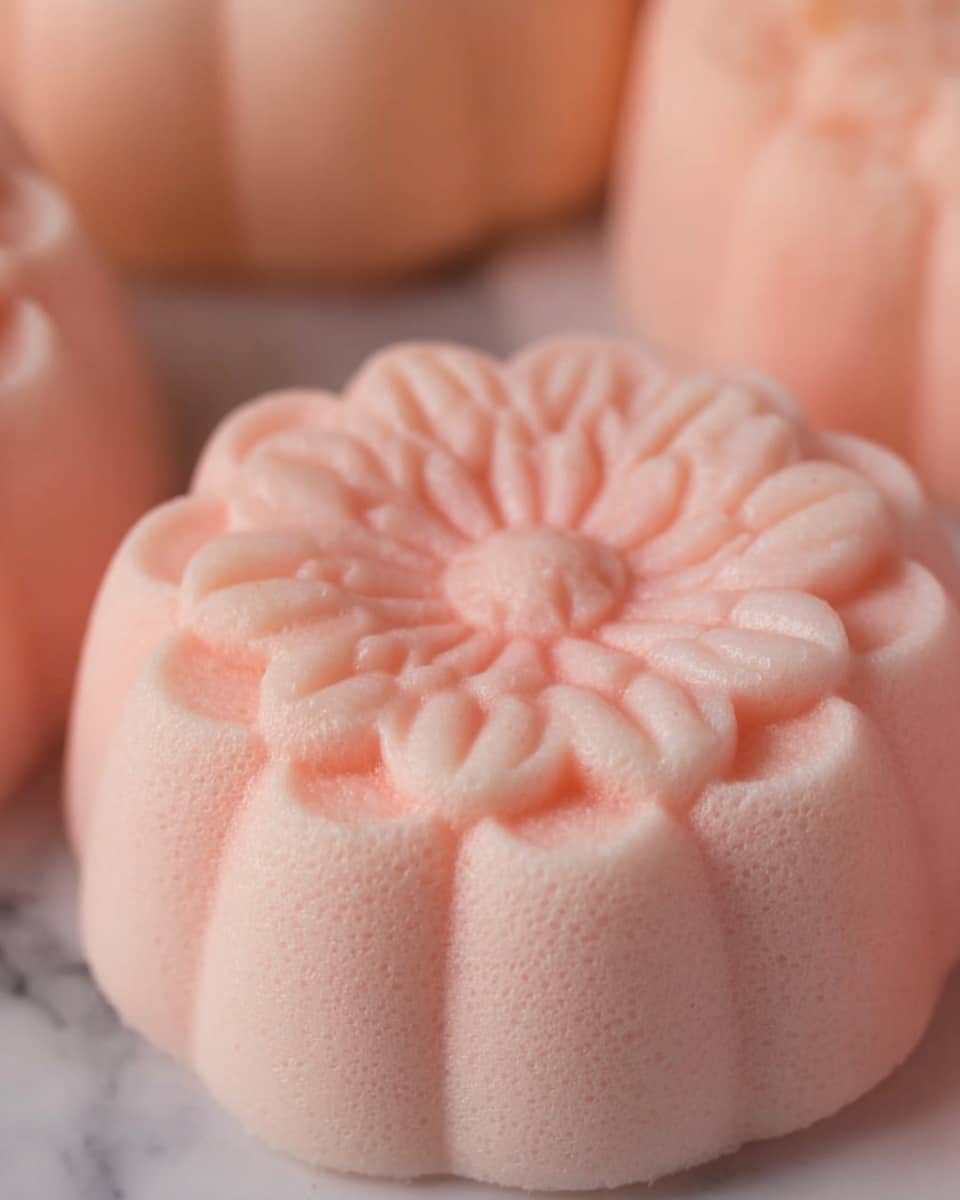 The image shows a close-up of a light pink, smooth-textured, flower-shaped dessert or soap with detailed petals radiating from the center. The surface has a slightly frothy or foamy texture with tiny bubbles scattered evenly. The edges are rounded and soft, giving it a delicate appearance. The item rests on a white marbled surface with some blurred similar items visible in the background. photo taken with an iphone --ar 4:5 --v 7