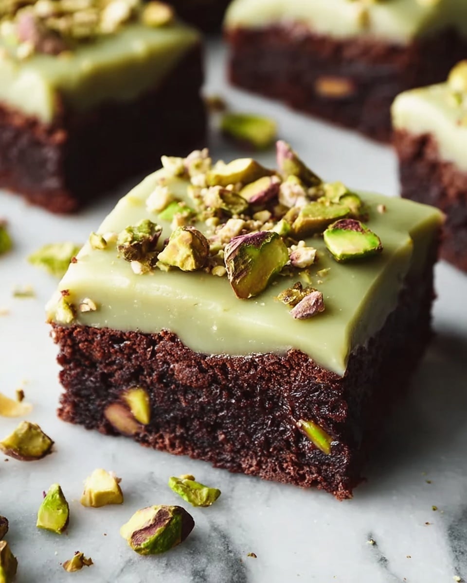 The image shows a close-up of a square chocolate brownie with two visible layers: a thick, dark brown, moist and textured cake layer on the bottom, and a smooth, creamy pale green frosting layer on top. The frosting is evenly spread and slightly glossy, adorned with scattered pistachio pieces that add texture and pops of green and brown color. More brownies with the same layers and toppings are visible blurred in the background, all placed on a white marbled surface. photo taken with an iphone --ar 4:5 --v 7