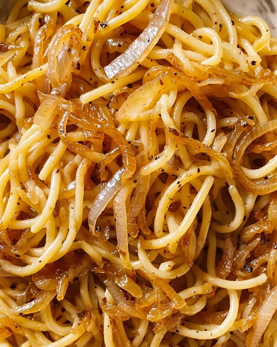 A close-up view of cooked spaghetti noodles mixed with translucent, golden-brown caramelized onions, showing glossy, slightly oily textures with scattered black pepper flakes evenly spread throughout. The noodles are soft and round, interwoven with thin, soft onion slices that have a shiny, slightly crisp edge. The overall color tones range from pale yellow of the noodles to rich amber and brown hues of the onions, creating a warm and appetizing look. photo taken with an iphone --ar 4:5 --v 7