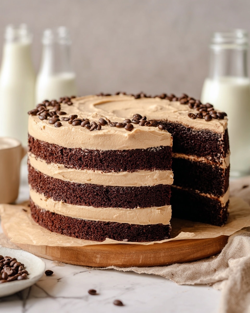 A three-layer chocolate cake with dark, moist cake layers alternated with light brown creamy frosting. The outside is fully coated with the same light brown frosting, smooth and thick, and the top is decorated with scattered dark brown coffee beans. The cake sits on a wooden board covered with parchment paper on a white marbled surface. In the background, there are two glass bottles of milk, one partially visible. Photo taken with an iphone --ar 4:5 --v 7