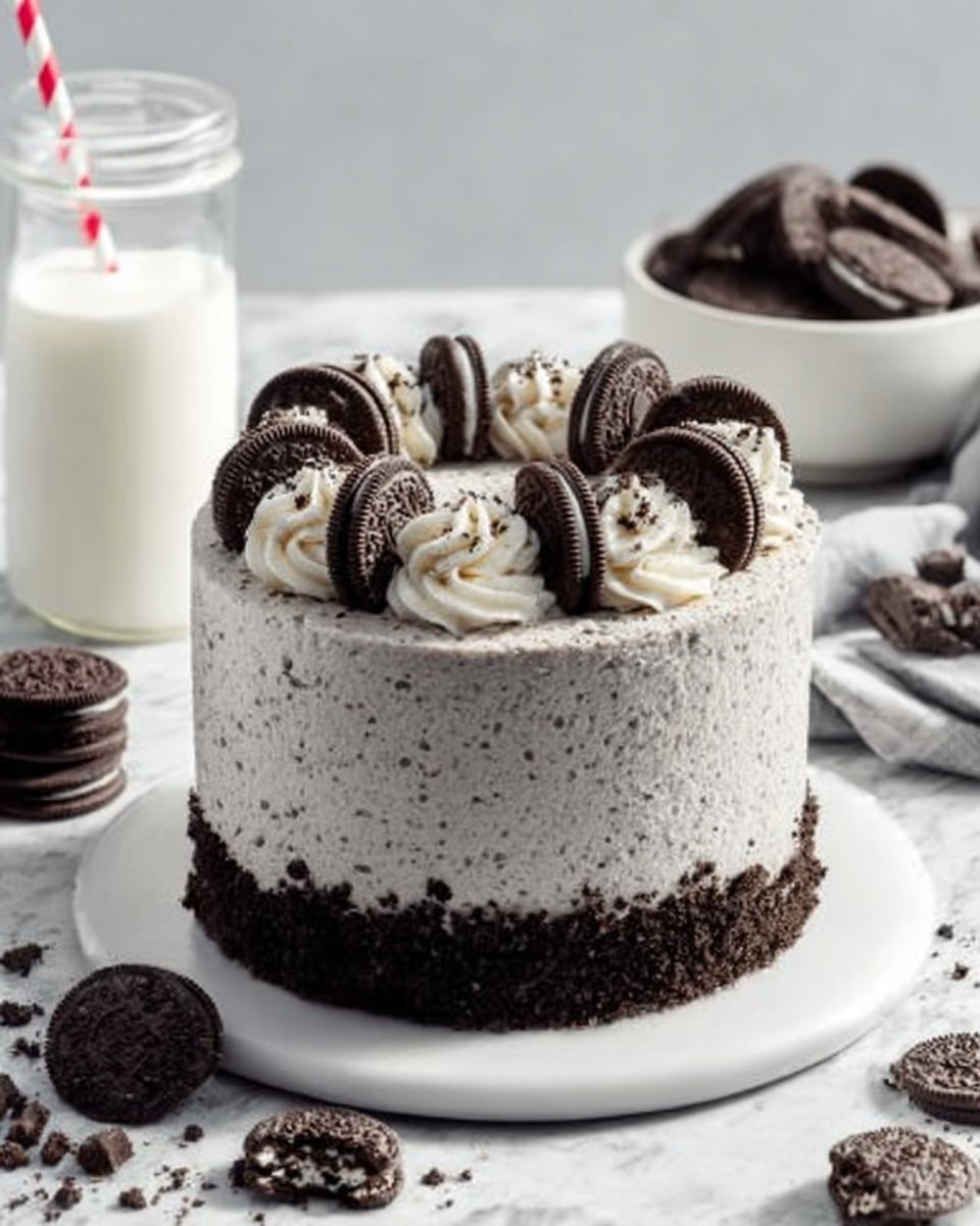 The image shows a tall, round cookies and cream cake placed on a white square plate, sitting on a white marbled surface. The cake has three layers: the bottom layer is dark brown, crumbly cookie crust, the middle and top layers are light grey with visible cookie crumbs mixed into a creamy frosting texture. The top of the cake is decorated with evenly spaced, swirled dollops of white cream around the edge, each topped with a halved chocolate sandwich cookie. Around the base of the cake, there are several whole cookies placed for decoration. In the background, a glass of milk with a red straw and cookies stacked on a plate are slightly out of focus. photo taken with an iphone --ar 4:5 --v 7