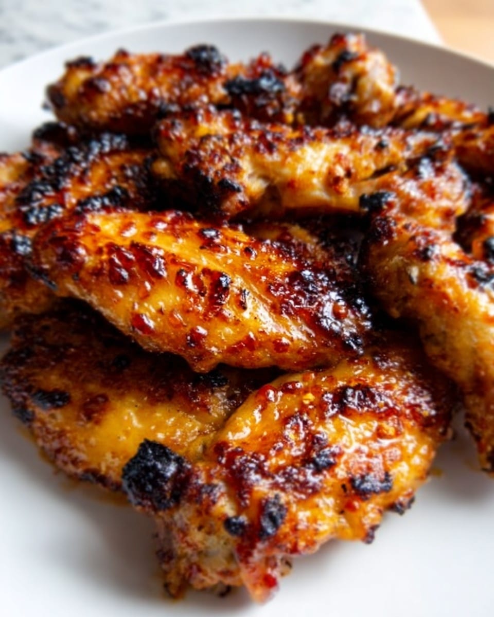 A close-up view of six grilled chicken wings arranged closely on a white plate, each wing showing a golden-brown, slightly charred, and crispy skin with visible grill marks and small blackened spots. The chicken wings have a shiny glaze that suggests a sticky, flavorful coating. The texture of the wings looks crunchy on the outside with a juicy interior peeking through. The white plate sits on a white marbled surface, with warm natural light highlighting the rich colors and glistening sauce on the wings. photo taken with an iphone --ar 4:5 --v 7