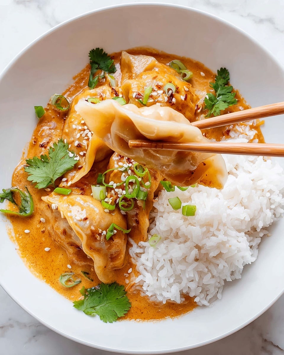 A white bowl contains three golden-brown dumplings coated in a creamy orange sauce, layered over a bed of fluffy white rice on the right side. The dumplings have a slightly crispy texture on the edges and are garnished with bright green chopped scallions, white sesame seeds, and fresh green cilantro leaves. Two light wooden chopsticks hold one dumpling lifted slightly above the bowl, showing the sauce dripping gently onto the rice below. The background has a white marbled texture. photo taken with an iphone --ar 4:5 --v 7