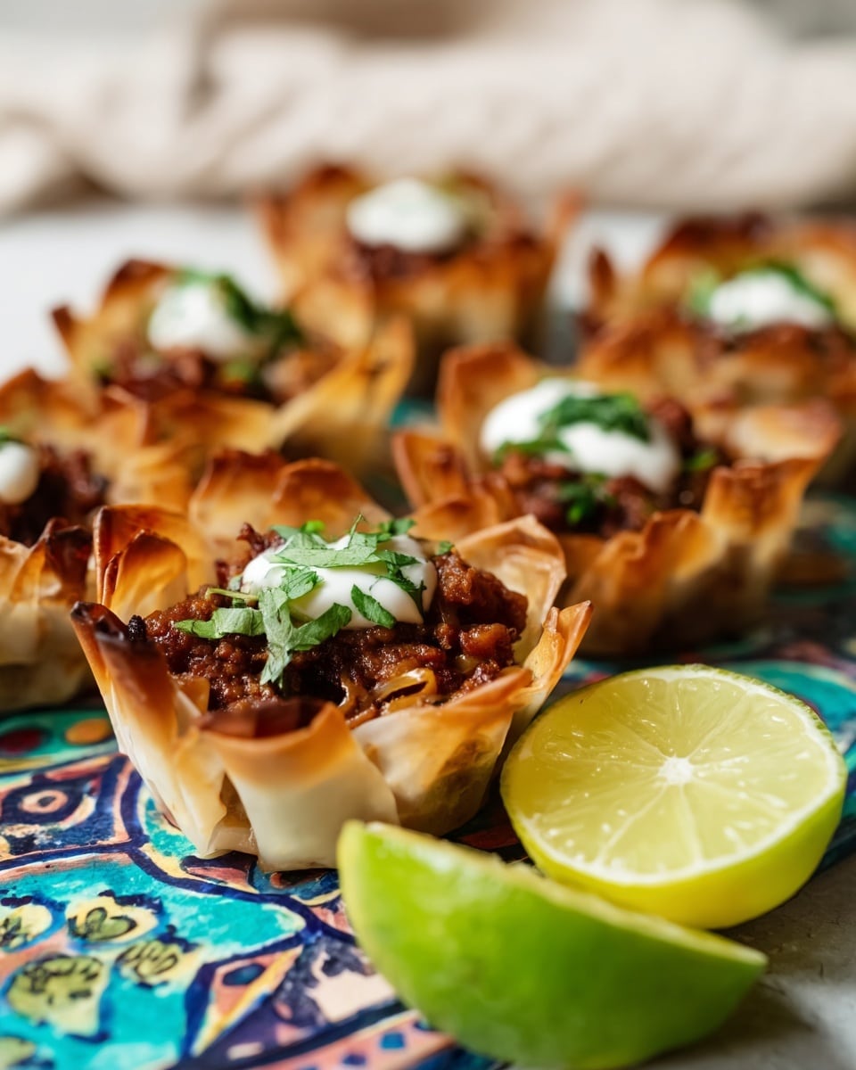 This image shows multiple small taco cups arranged on a colorful plate with intricate patterns. Each taco cup has a crispy, golden-brown outer shell that holds a filling made of browned ground meat and beans, topped with a dollop of white sour cream and fresh green herb garnish. In the foreground, there is a wedge of bright green lime placed on the edge of the plate. The background is softly blurred, with hints of more ingredients and a white marbled texture surface. photo taken with an iphone --ar 4:5 --v 7