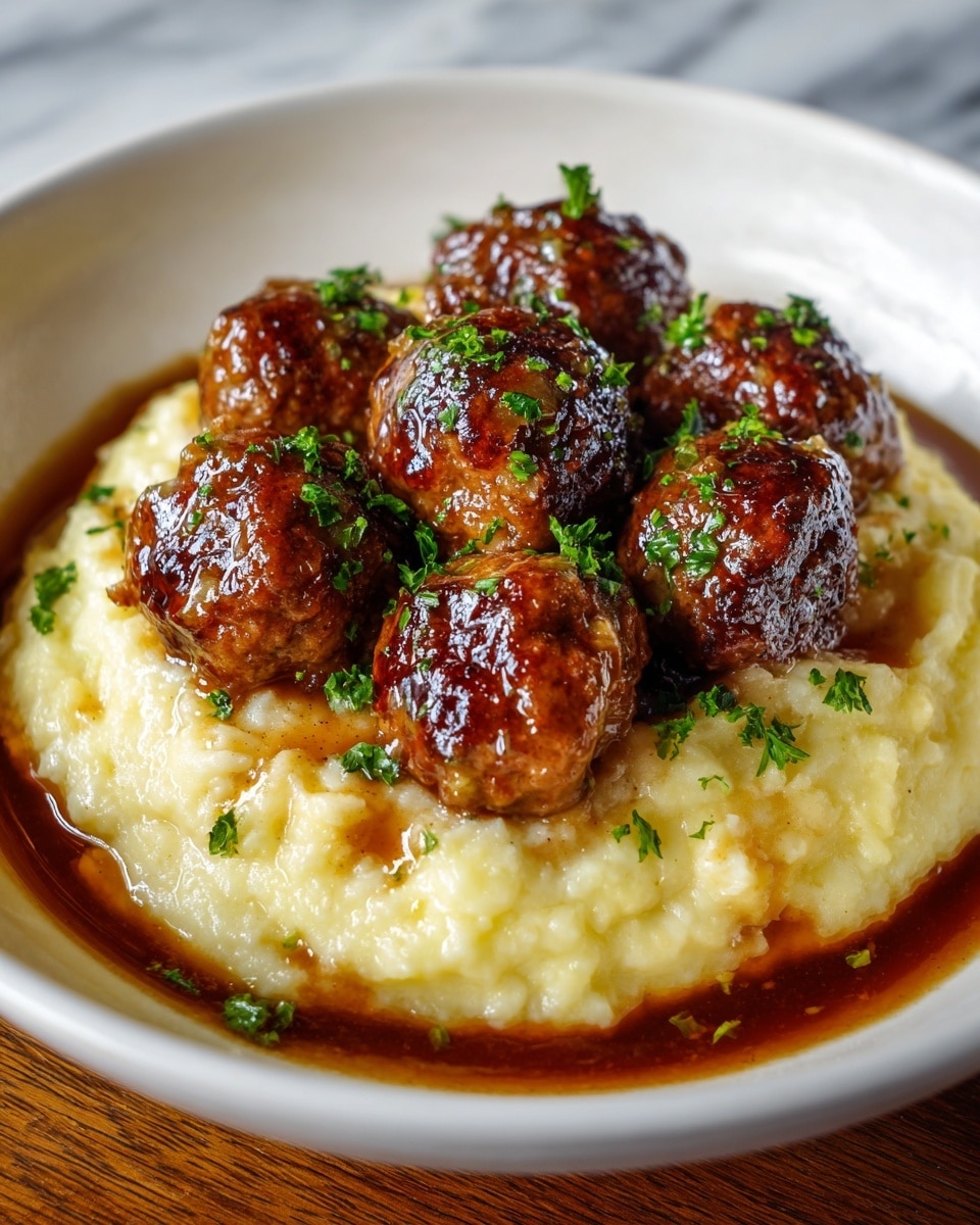 The dish shows a white plate with a base layer of creamy mashed potatoes that look soft and fluffy, topped with a generous amount of dark brown gravy that spreads unevenly over the potatoes. On top of the mashed potatoes, there are seven round, browned meatballs, slightly shiny with sauce, arranged close together, and sprinkled with chopped bright green fresh herbs. The plate is set on a wooden table with soft natural lighting highlighting the textures. photo taken with an iphone --ar 4:5 --v 7