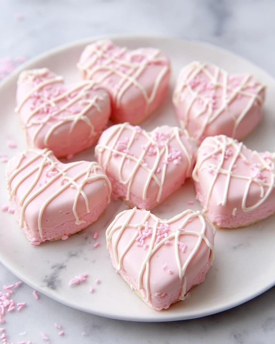 The image shows seven small heart-shaped desserts placed on a white plate, each covered with a smooth pink coating that gives a soft matte finish. On top of each treat, there are thin white icing lines drizzled in a loose swirly pattern, adding texture and contrast. The edges of the desserts show a slightly uneven layer of the pink coating, giving them a homemade look. The plate sits on a white marbled textured surface with a few pink sprinkles scattered around, enhancing the delicate and sweet feel of the setup. Photo taken with an iphone --ar 4:5 --v 7
