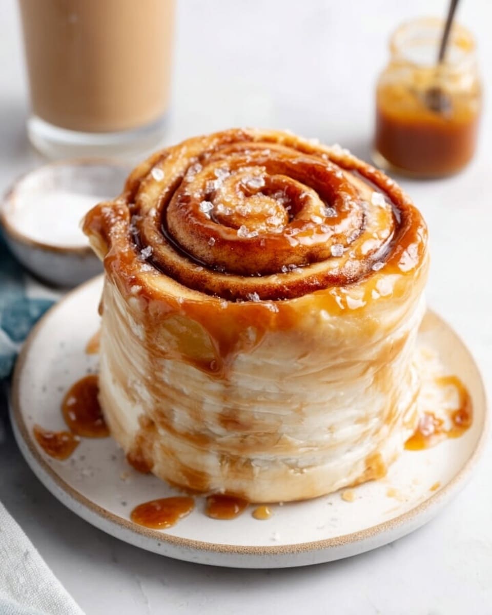 The image shows a tall, round cinnamon roll cake with about six visible layers, each swirled with caramel-colored cinnamon filling that contrasts with the creamy off-white dough. The top layer has a rose-shaped swirl of dough with a shiny glaze and a sprinkle of coarse sugar crystals. The cake sits on a white plate with a slightly raised edge, placed on a white marbled surface. In the background, there is a small jar filled with caramel sauce and a blurry light-colored cup. A woman's hand is partially visible near the jar. Photo taken with an iphone --ar 4:5 --v 7