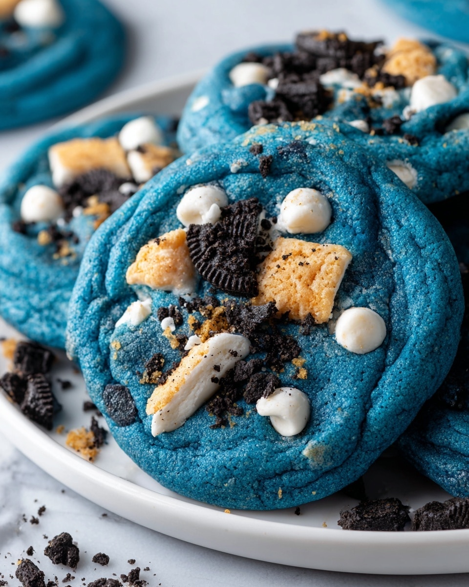 The image shows bright blue cookies stacked closely on a white plate, each cookie about two layers thick, with a soft, chewy texture. The surface of the cookies is dotted with small white chocolate chips, broken pieces of dark chocolate sandwich cookies, and crumbled light brown cookie bits scattered evenly across the top, creating a colorful, mixed topping that contrasts with the blue base. The cookies are set on a white marbled surface. Photo taken with an iphone --ar 4:5 --v 7
