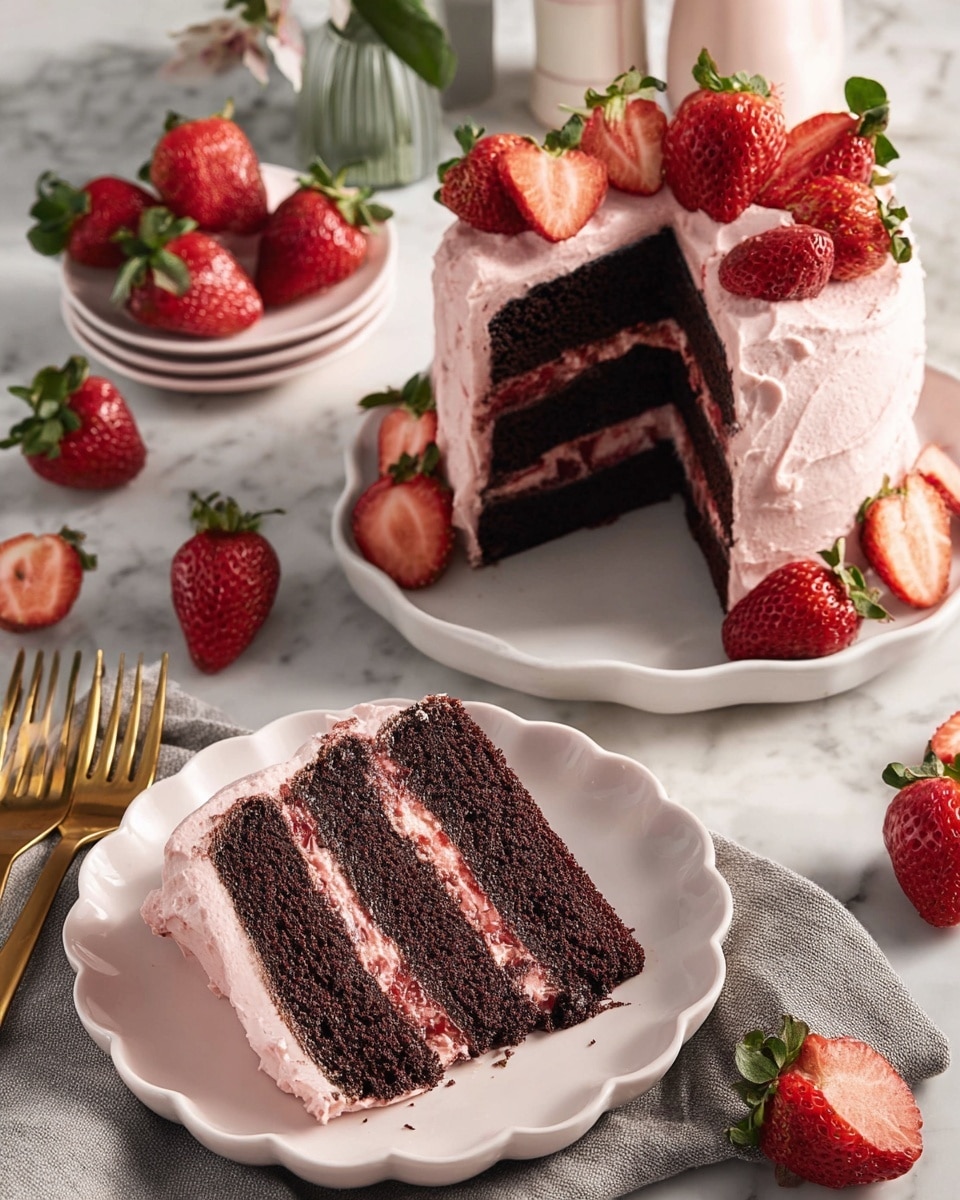A three-layer dark chocolate cake sits on a white speckled plate, each layer separated by thin layers of red strawberry filling and topped with light pink strawberry frosting that covers the entire cake unevenly, giving a soft, textured look. Fresh whole strawberries are placed on top and around the sides of the cake for decoration. A large slice is cut from the cake and placed on a white scalloped plate, showing the moist dark layers, red filling, and pink frosting on top. Several whole and halved fresh strawberries are scattered on a white marbled surface around the plates, with three gold forks resting on a grey napkin nearby. Photo taken with an iphone --ar 4:5 --v 7