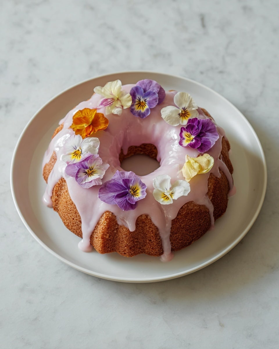 A single-layer round bundt cake with a golden brown color sits on a white plate, placed on a white marbled surface. The cake is topped with a smooth pale pink glaze that gently drips over its edges, creating a soft, flowing texture. Around the top ring of the glaze, there is a circle of colorful edible flowers in shades of yellow, orange, purple, and white, adding a delicate and fresh look to the cake. Photo taken with an iphone --ar 4:5 --v 7