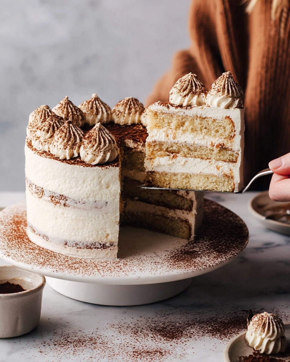 The image shows a three-layer cake with light beige sponge layers and white creamy frosting between each layer and around the outside. The top of the cake is decorated with swirls of white cream dusted with cocoa powder in neat rows. A woman's hand is lifting a large slice from the cake, revealing the soft texture of the sponge inside and the smooth cream layers. The cake sits on a white marble pedestal stand sprinkled with cocoa powder. Nearby, a white plate with a small white bowl of cream and a white cup with spilled liquid rest on a white marbled surface. photo taken with an iphone --ar 4:5 --v 7