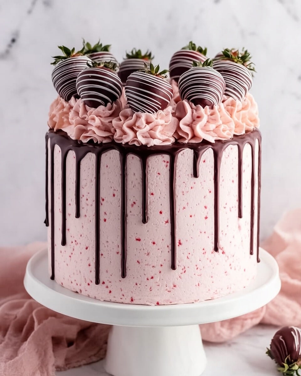 A tall, round cake with smooth, light pink frosting covers the entire surface. Dark chocolate drips run evenly down from the top edge, contrasting with the pink color. On top, there are nine large swirls of pink frosting, each topped with a large strawberry dipped in dark chocolate and decorated with lighter chocolate lines. The cake is placed on a simple, white cake stand set on a white marbled surface with a pink cloth in the background. photo taken with an iphone --ar 4:5 --v 7