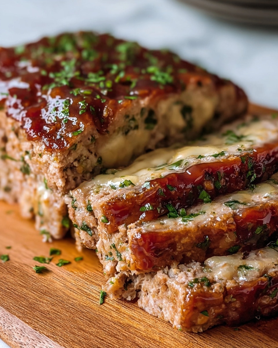 The image shows a close-up view of a thick, rectangular meatloaf sliced into pieces, placed on a wooden surface. The meatloaf has a browned, slightly crispy outer layer with visible green herbs mixed inside the light brown meat. The surface is drizzled with a glossy light brown sauce and sprinkled with small fresh green herb bits, adding a fresh touch. One slice is slightly pulled out, revealing a soft, moist texture within and more herbs distributed evenly. In the blurred background, there is a glimpse of a white bowl with green leaves on a white marbled surface. photo taken with an iphone --ar 4:5 --v 7