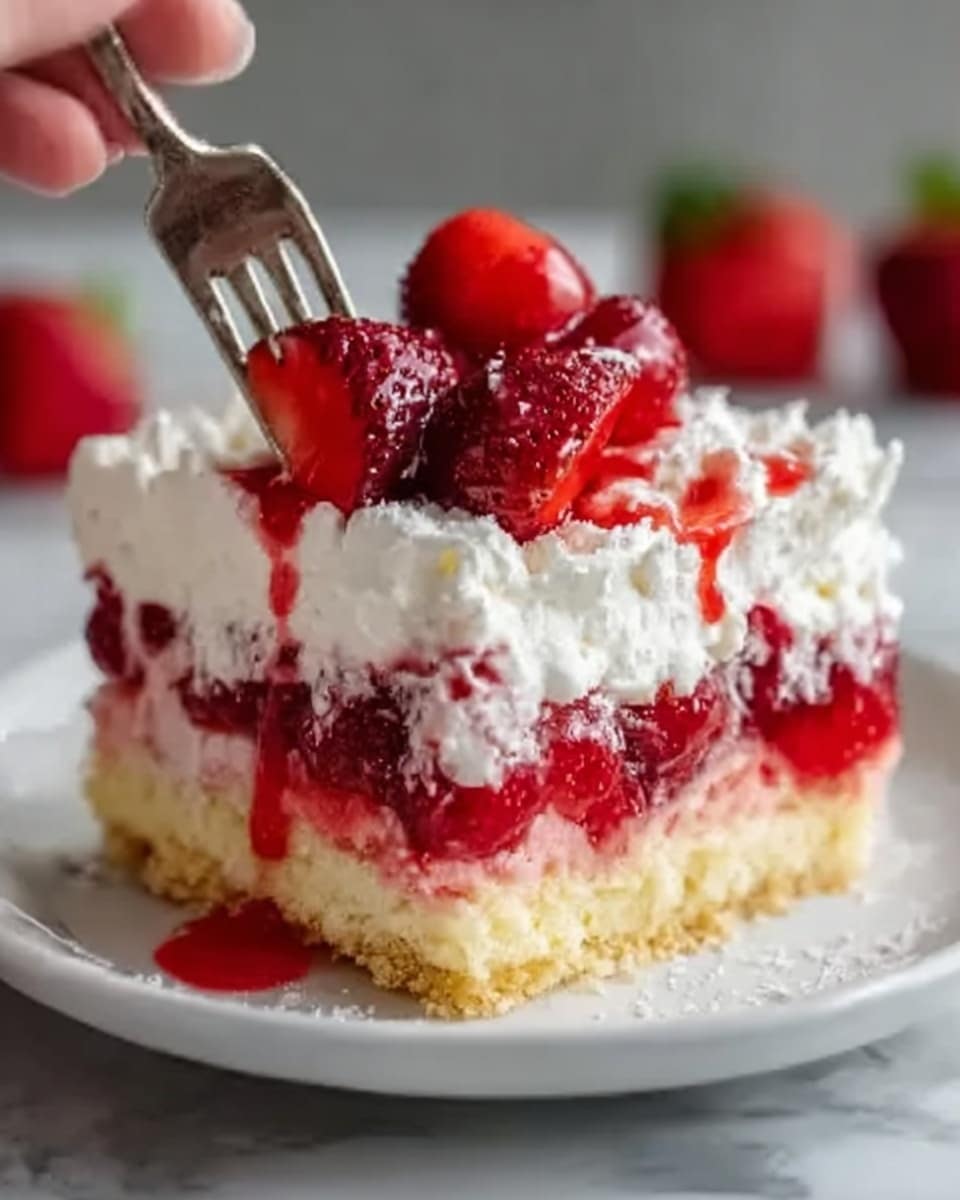 The image shows a single slice of a layered dessert on a white plate, placed on a white marbled surface. The bottom layer is a crumbly, light golden crust. On top of this is a thick, vibrant red fruit layer, which looks juicy and slightly soft. Above the fruit is a generous layer of fluffy, white whipped cream that has a light and airy texture. The dessert is topped with whole red strawberries and a few small red berries, adding a fresh and colorful touch. A red sauce is drizzled slightly around the dessert on the plate. photo taken with an iphone --ar 4:5 --v 7