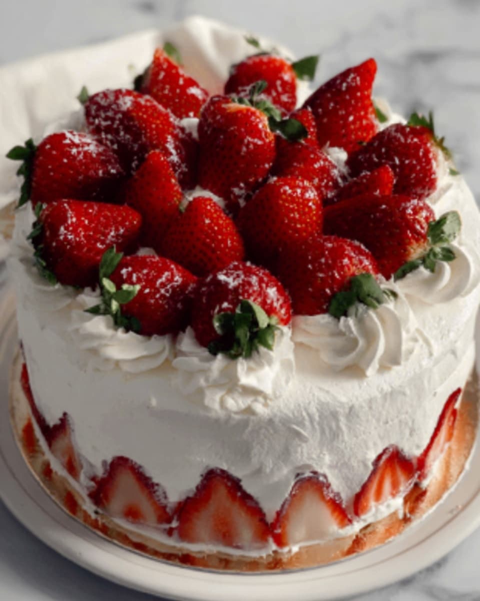 A round cake with two visible layers, covered in smooth white cream. The top layer is decorated with full and halved fresh strawberries, placed evenly around the cake’s edge and center. The cake has fluffy white cream swirls around the top edge, adding texture and height. The strawberries are bright red with green leafy tops, contrasting with the white cream. The cake sits on a white plate, placed on a white marbled surface. photo taken with an iphone --ar 4:5 --v 7