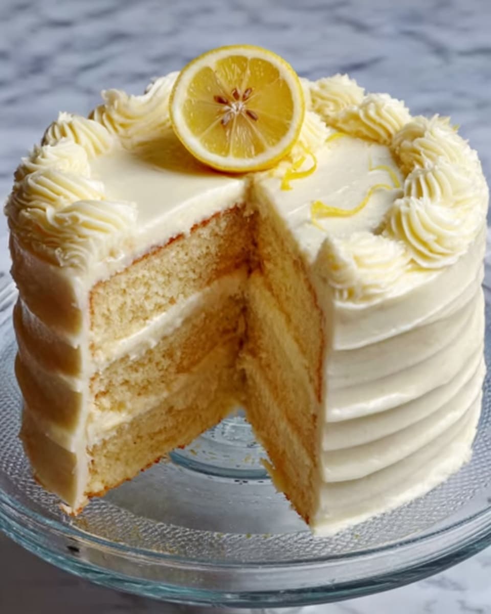 A round, layered cake with four thick, even layers of light yellow sponge stacked neatly on top of each other, separated by smooth, creamy white frosting. The outside of the cake is fully covered with the same creamy frosting, which has a soft, wavy texture. The top is decorated with a small swirl of frosting and a thick slice of lemon resting in the center. The cake sits on a clear glass plate against a white marbled surface. Photo taken with an iphone --ar 4:5 --v 7