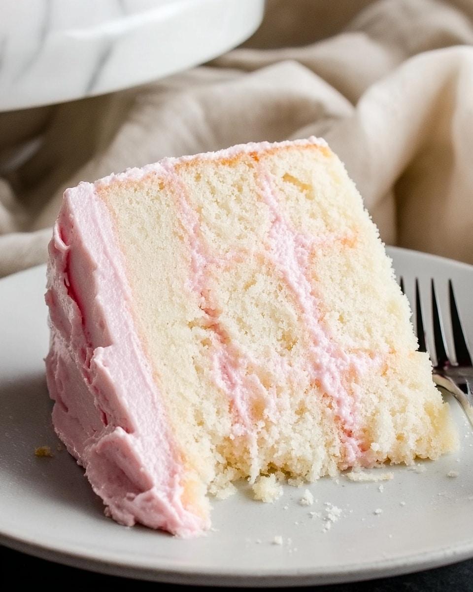 A slice of white cake with three layers is shown on a white plate. Each sponge layer is fluffy and pale, separated by two thin layers of light pink frosting. The top edge of the slice has a thin spread of the same pink frosting, with a small bite taken from the bottom corner. The texture of the cake looks soft and moist, and the frosting appears smooth and creamy. The background has a white marbled texture and a soft light gray fabric is partly visible in the background. Photo taken with an iphone --ar 4:5 --v 7