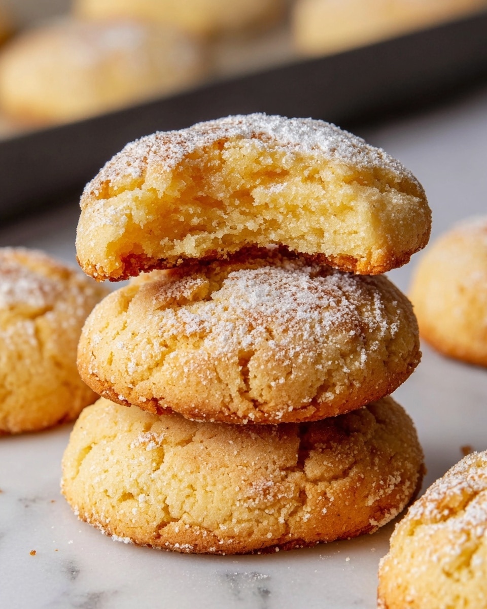 The image shows a stack of three soft, golden brown cookies dusted lightly with powdered sugar. The top cookie has a bite taken out of it, revealing a moist, crumbly interior with a slightly darker bottom layer. Around the stack, more cookies lie flat on a white marbled surface, with a baking tray blurred in the background. The cookies have a slightly rough texture, with small cracks and a delicate golden crust. photo taken with an iphone --ar 4:5 --v 7