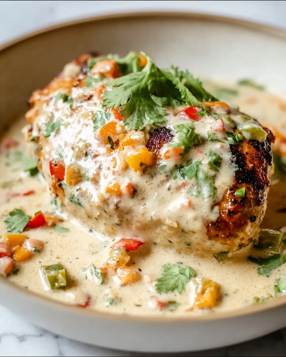 A close-up view of a dish with a thick grilled piece of meat at the center, covered in a creamy white sauce. On top of the sauce, there are small chopped pieces of green and orange bell peppers, red cherry tomatoes, and fresh green cilantro leaves, adding vibrant color. The creamy sauce pools around the meat, showing a smooth and slightly chunky texture with visible bits of herbs and vegetables. The food is served in a white bowl with a beige rim, placed on a white marbled surface. photo taken with an iphone --ar 4:5 --v 7