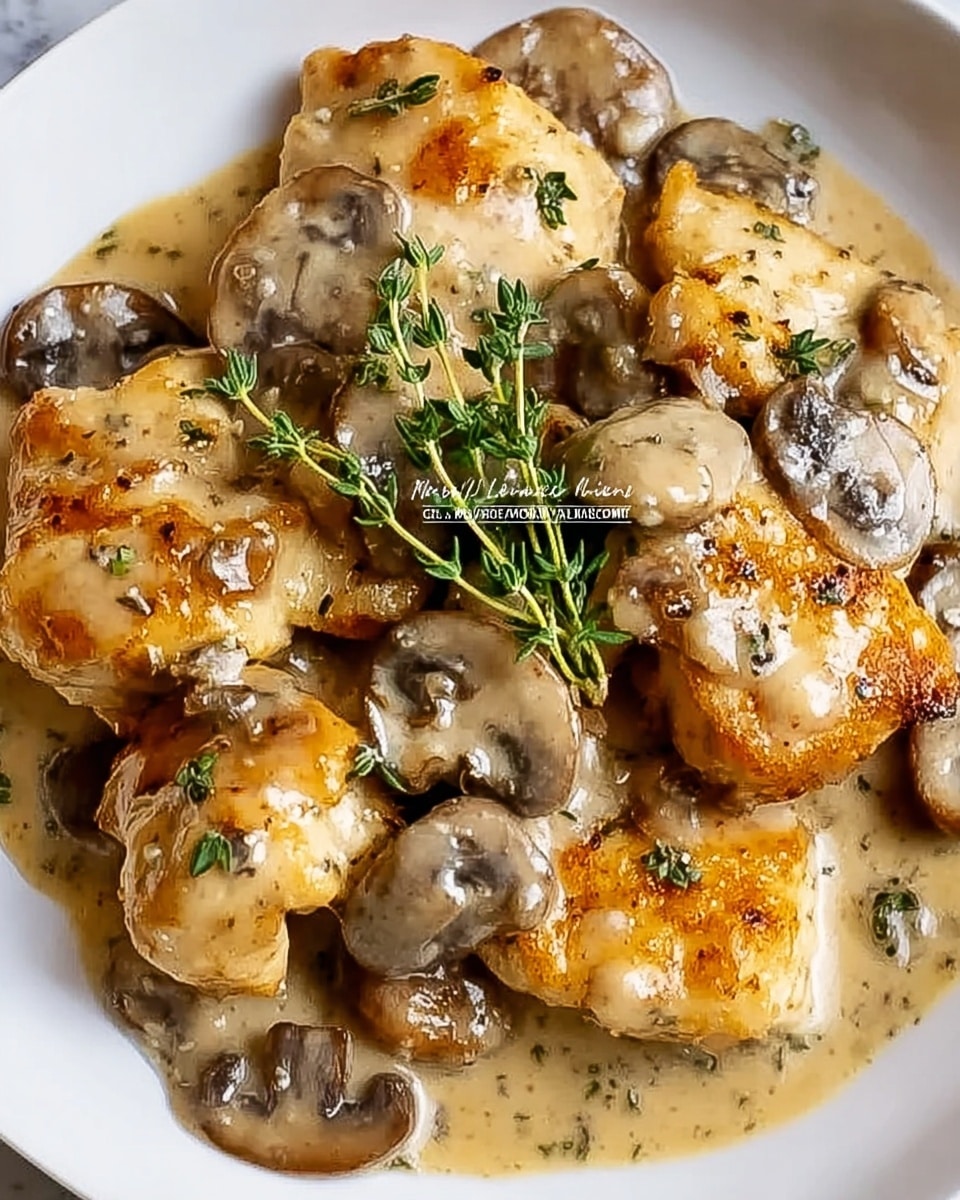The dish shows a close-up of six golden brown gnocchi pieces arranged in a cluster on a white plate. Each gnocchi piece appears soft yet slightly crisp on the edges. They are covered in a creamy, light beige mushroom sauce dotted with sliced brown mushrooms. Fresh green thyme sprigs sit on top as a garnish, adding a touch of color contrast. The sauce spreads gently around the gnocchi, creating a rich texture. The background is a white marbled surface. photo taken with an iphone --ar 4:5 --v 7