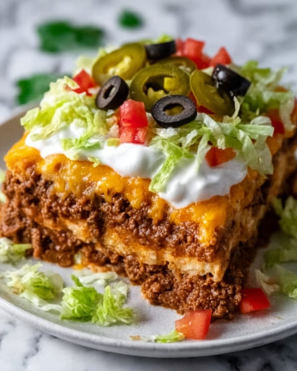 A close-up of a slice of layered taco casserole on a white plate sits on a white marbled surface. The bottom layer is a thick, crumbly brown ground beef mix, topped by a melted bright orange cheddar cheese layer. Above it is a layer of finely shredded light green lettuce that adds a fresh texture. On top of the lettuce, there is a dollop of smooth white sour cream, decorated with small pieces of red tomato, sliced black olives, and green jalapeño slices. The dish looks colorful and rich with a mix of soft and crunchy parts, photo taken with an iphone --ar 4:5 --v 7
