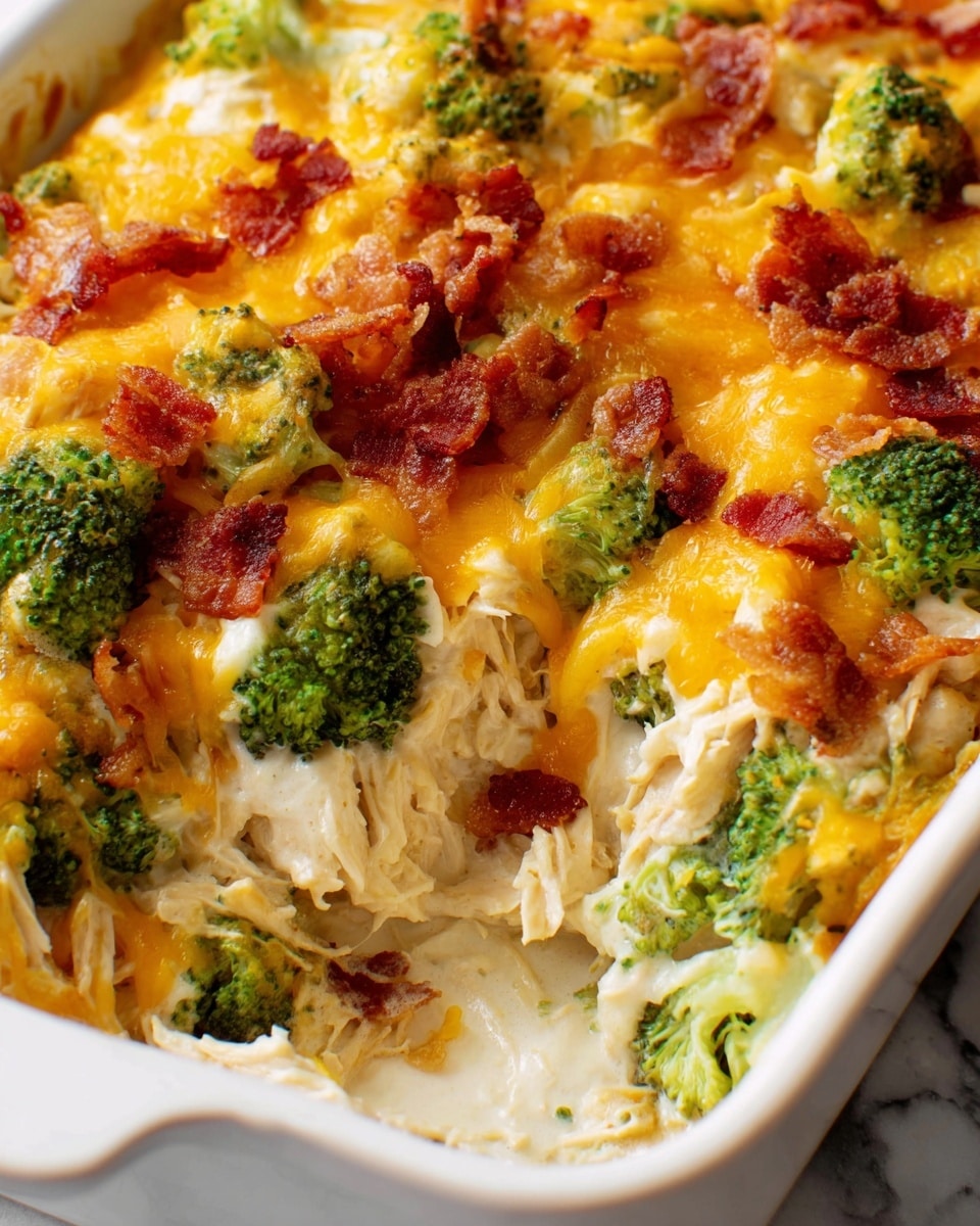 The image shows a baked dish in a white rectangular dish filled with layers of shredded chicken mixed with green broccoli florets topped with melted orange cheddar cheese and small pieces of crispy bacon scattered on top. The creamy sauce can be seen at the bottom close to the dish edges, creating a rich and cheesy look. The broccoli pieces add texture and color contrast, while the melted cheese covers the entire dish, making it look soft and savory. Photo taken with an iphone --ar 4:5 --v 7
