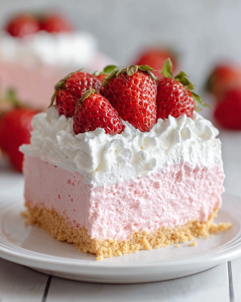 A slice of a pink creamy dessert with a crumbly brown base sits on a white plate. The dessert has three layers: a rough-textured brown bottom layer, a thick lightly pink creamy middle layer, and a fluffy white topping that looks soft and airy. On top of the fluffy layer, there are four fresh red strawberries with green leaves. The background surface is white with a marble texture, and in the blurry background, there is a plate filled with more strawberries. photo taken with an iphone --ar 4:5 --v 7