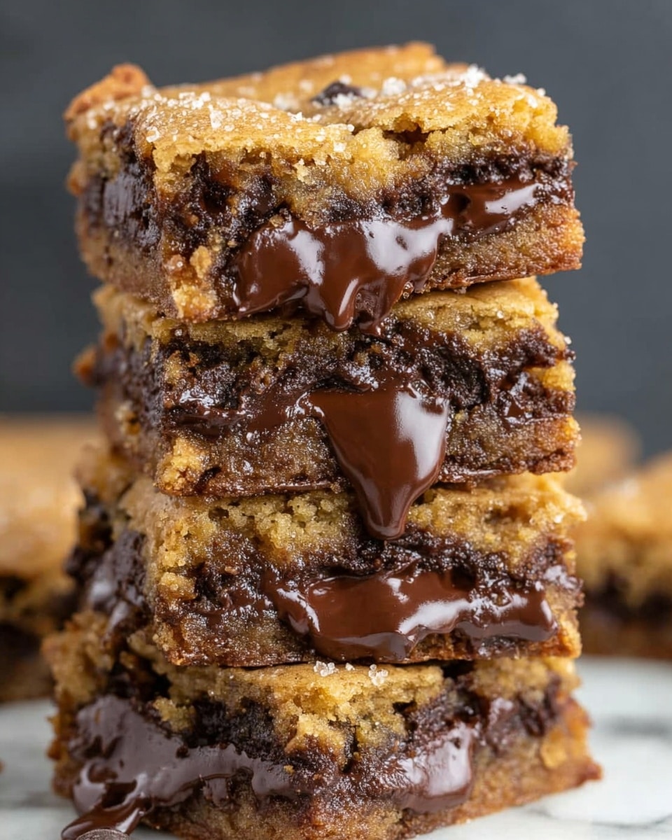 A close-up of a stack of four square chocolate chip cookie bars on a white marbled surface, each layer showing a golden brown crust with melted dark chocolate chunks oozing out generously, the top layer having a slightly crumbly texture with visible sugar crystals, and the middle layers showing gooey, soft, and shiny melted chocolate blending with the cookie dough, the bars stacked unevenly to highlight the thick, chewy texture inside, photo taken with an iphone --ar 4:5 --v 7