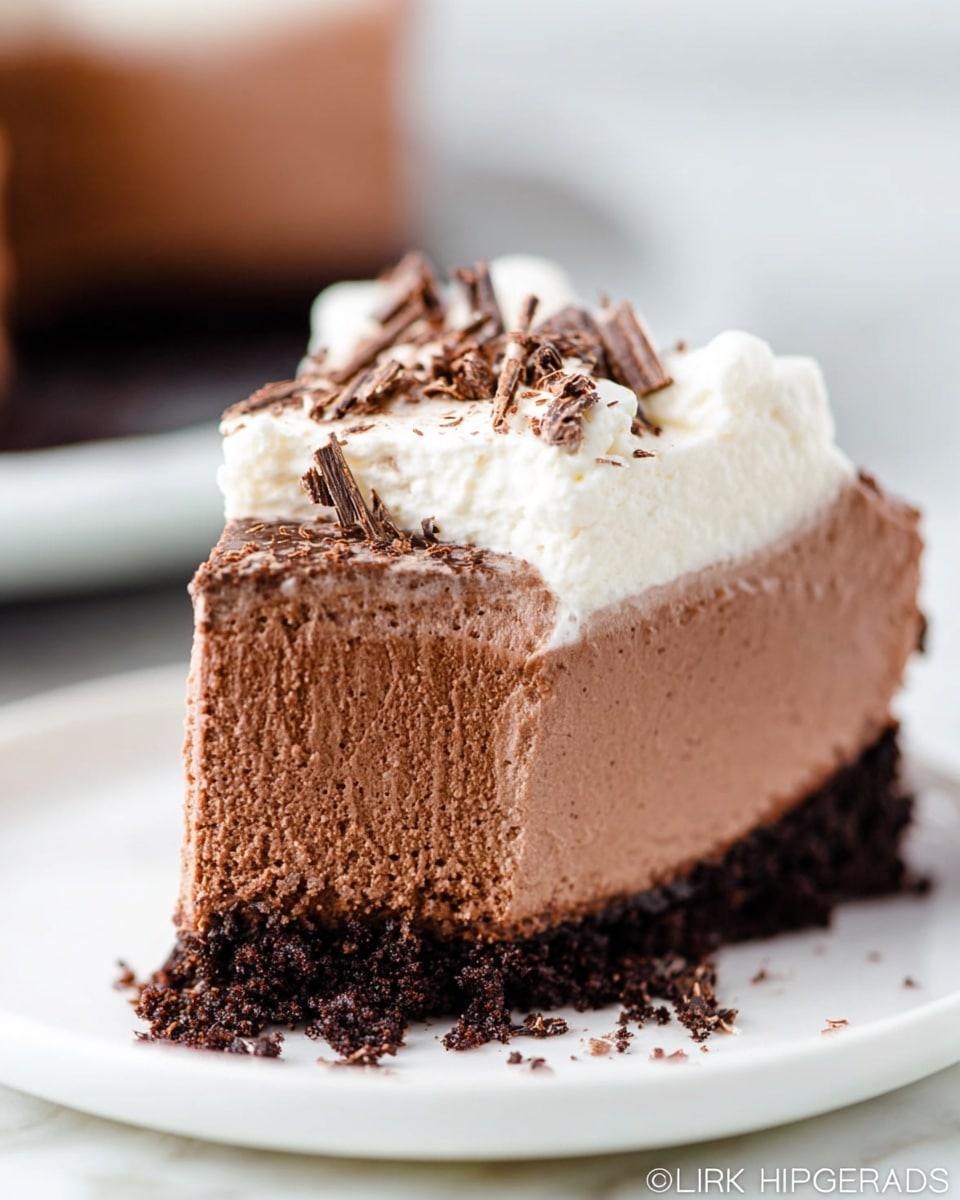 A close-up of a slice of creamy chocolate mousse pie on a white plate, placed on a white marbled surface. The pie has three layers: a dark brown, crumbly chocolate crust at the bottom, a thick middle layer of light brown, smooth and airy chocolate mousse with visible vertical spoon marks, and a white whipped cream topping with soft swirls. On top of the cream, there are small chocolate shavings scattered around. The sides of the mousse look soft and slightly melting. Photo taken with an iphone --ar 4:5 --v 7
