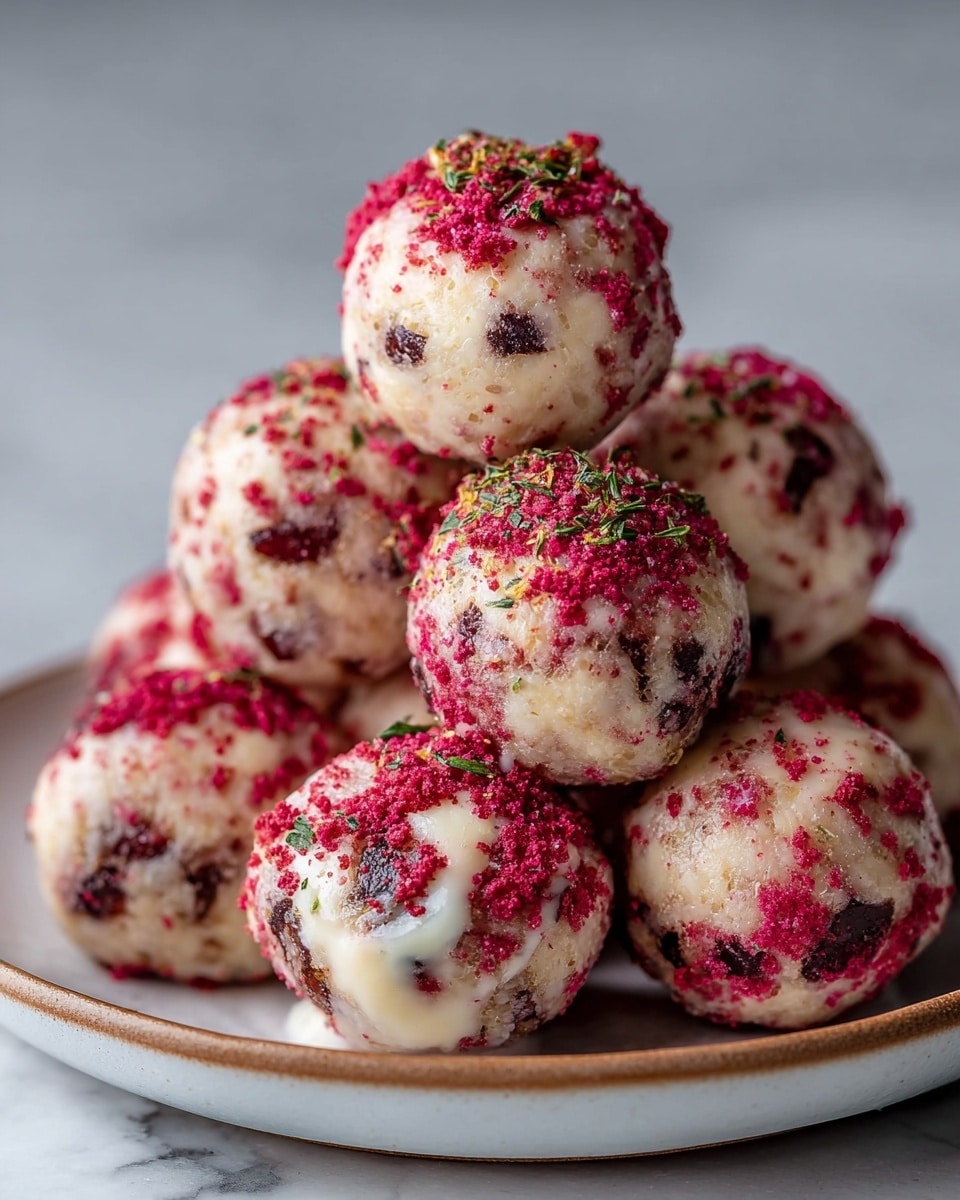 A close-up of a pile of nine round dessert balls stacked in a small pyramid on a white plate with a brown rim, set on a white marbled surface. Each ball has a creamy light beige base mixed with bright red fruit pieces and small dark specks throughout, giving them a slightly speckled look. One ball near the front center has a glossy white drizzle on its surface. The tops of some balls are sprinkled with fine, bright red crumbs and tiny green herb bits, adding texture and color contrast to the creamy surfaces. photo taken with an iphone --ar 4:5 --v 7