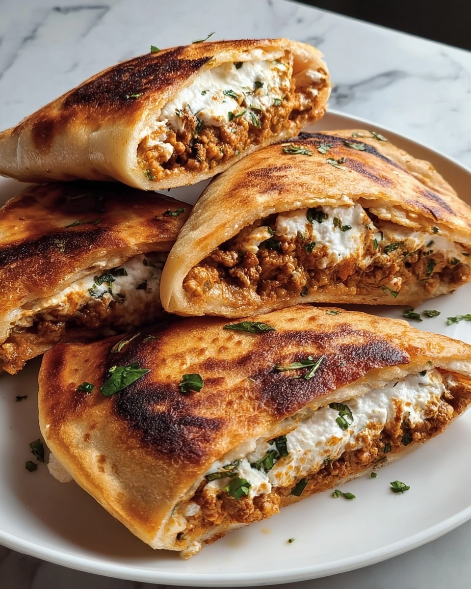 The image shows four stuffed, golden-brown flatbreads with a slightly crispy outer layer and a soft interior, placed on a white plate. Each flatbread is cut in half or partially open, revealing two main filling layers inside: a crumbly, beige meat layer at the bottom and a creamy, white cheese layer speckled with green herbs on top. The flatbreads are thick, with the outer crust having an uneven toasted texture with some darker spots, and a few small pieces of chopped green herbs are visible on the tops and inside the filling. The plate rests on a white marbled surface. photo taken with an iphone --ar 4:5 --v 7