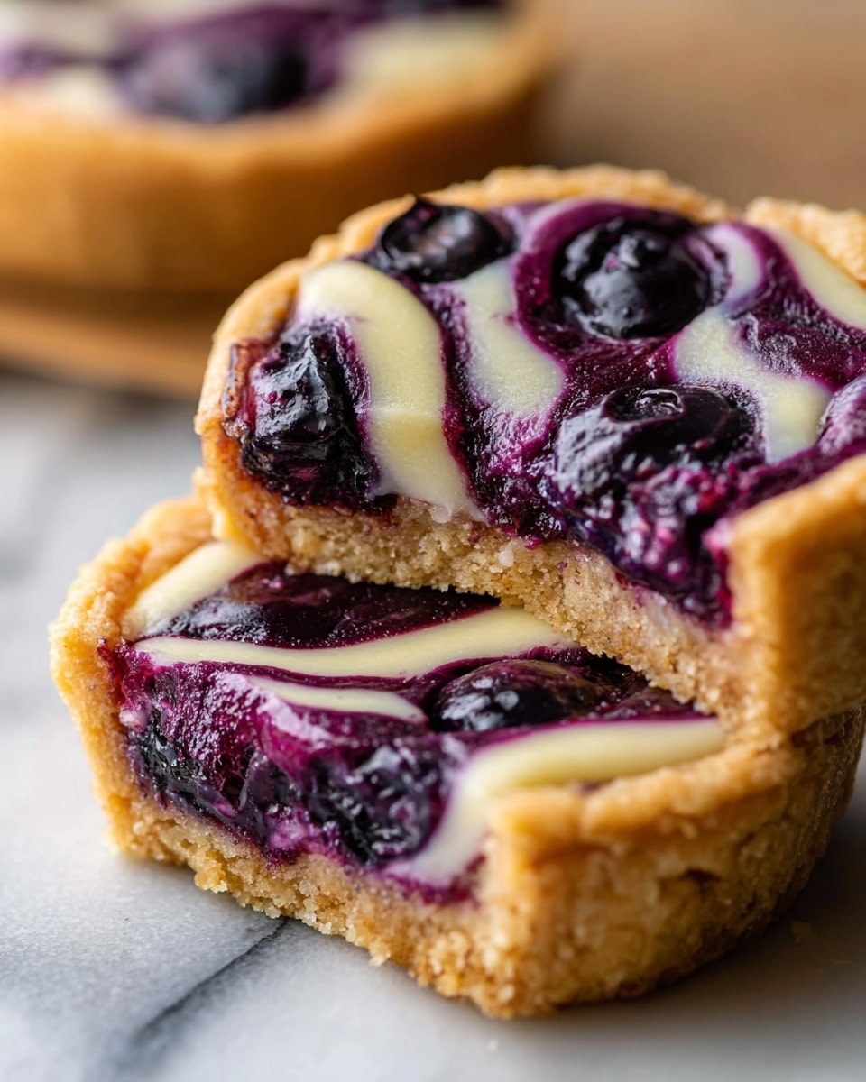 The image shows a close-up of two mini tarts placed on a white marbled surface. Each tart has two visible layers: the bottom layer is a thick, golden-brown crust with a crumbly texture, and the top layer consists of a deep purple blueberry filling swirled with a creamy, pale dough pattern that adds texture and color contrast on the surface. One tart is whole, while the other is cut in half and balanced on top of the whole tart, revealing the soft, light yellow interior of the dough along with juicy blueberries inside. Photo taken with an iphone --ar 4:5 --v 7
