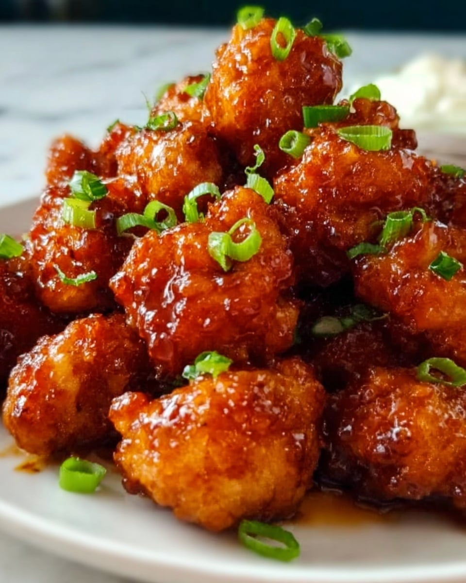 The image shows a close-up of several pieces of crispy fried chicken coated in a shiny, thick orange-red sauce that looks sticky and flavorful. Each piece is unevenly shaped with a crunchy texture visible under the sauce. Small green onion slices are sprinkled on top of the chicken, adding a fresh green color contrast. The pieces sit on a plain white plate, which rests on a white marbled surface. photo taken with an iphone --ar 4:5 --v 7