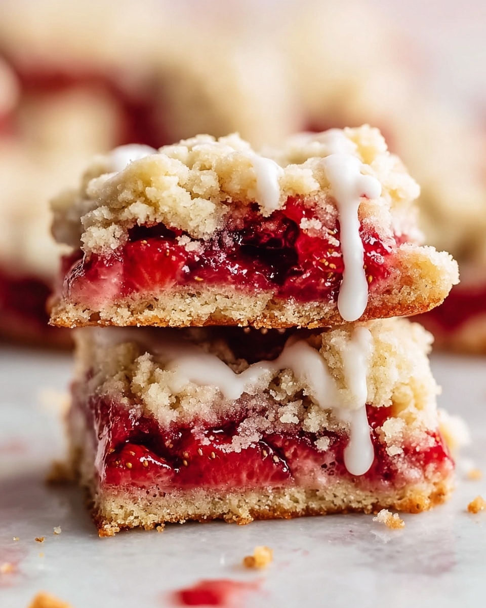 A close-up of a crumbly strawberry dessert with three visible layers: the bottom layer is a golden, crumbly crust, the middle layer is a thick, glossy red strawberry filling with whole and sliced strawberries, and the top layer is a crumbly streusel. A thin white glaze drizzle runs down the middle, connecting the two halves of the dessert. The dessert is placed on pink parchment paper with some crumbs scattered around, against a white marbled texture background. photo taken with an iphone --ar 4:5 --v 7