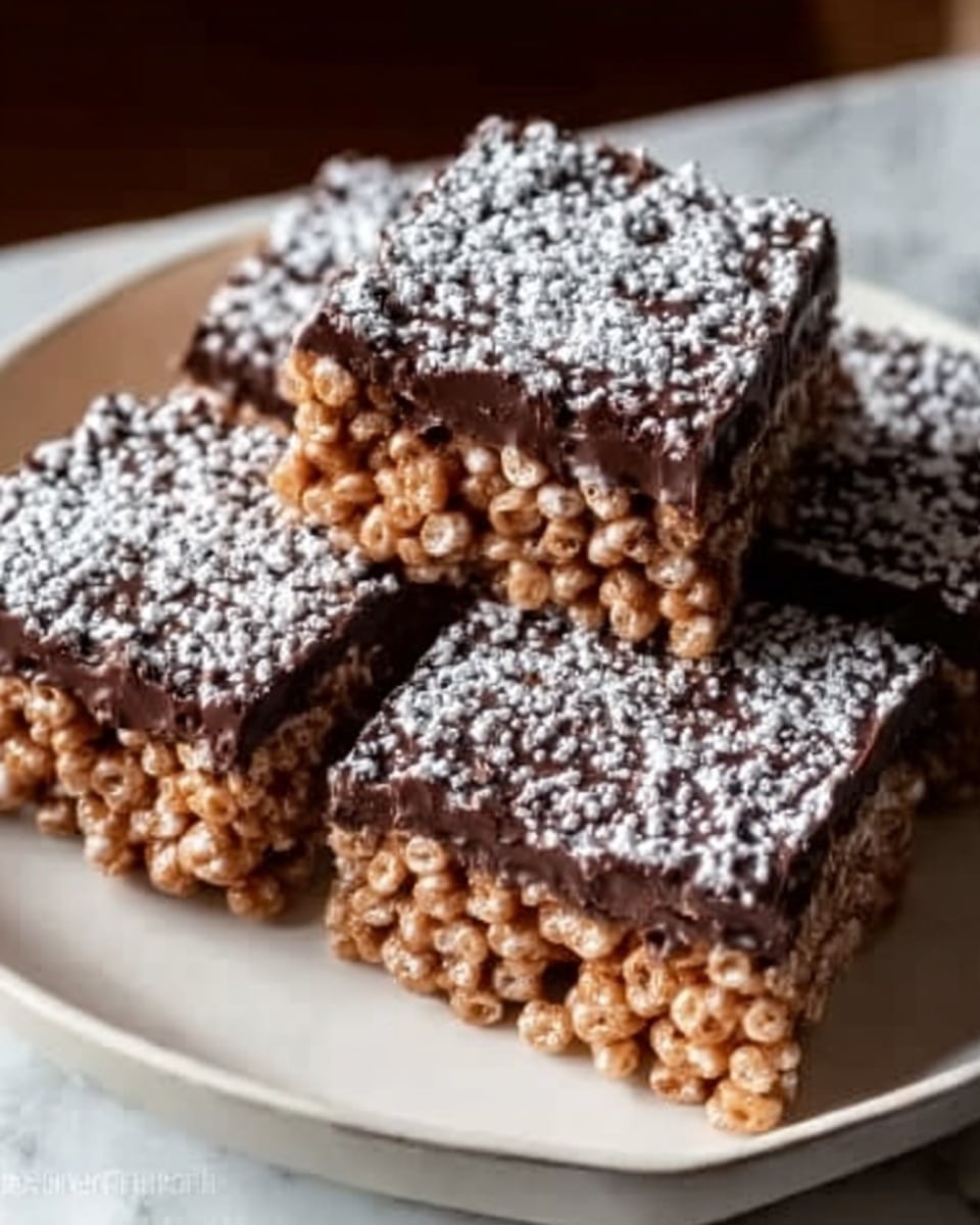 The image shows square chocolate crispy treats arranged on a white plate. Each treat has a bottom layer of light brown crispy cereal bound with chocolate, topped with a thick, smooth, dark chocolate layer. The top of the chocolate is lightly dusted with white powdered sugar, creating a soft contrast with the dark chocolate. The plate sits on a white marbled surface. The treats are close together, showing the textured cereal layer clearly beneath the chocolate slice. Photo taken with an iphone --ar 4:5 --v 7