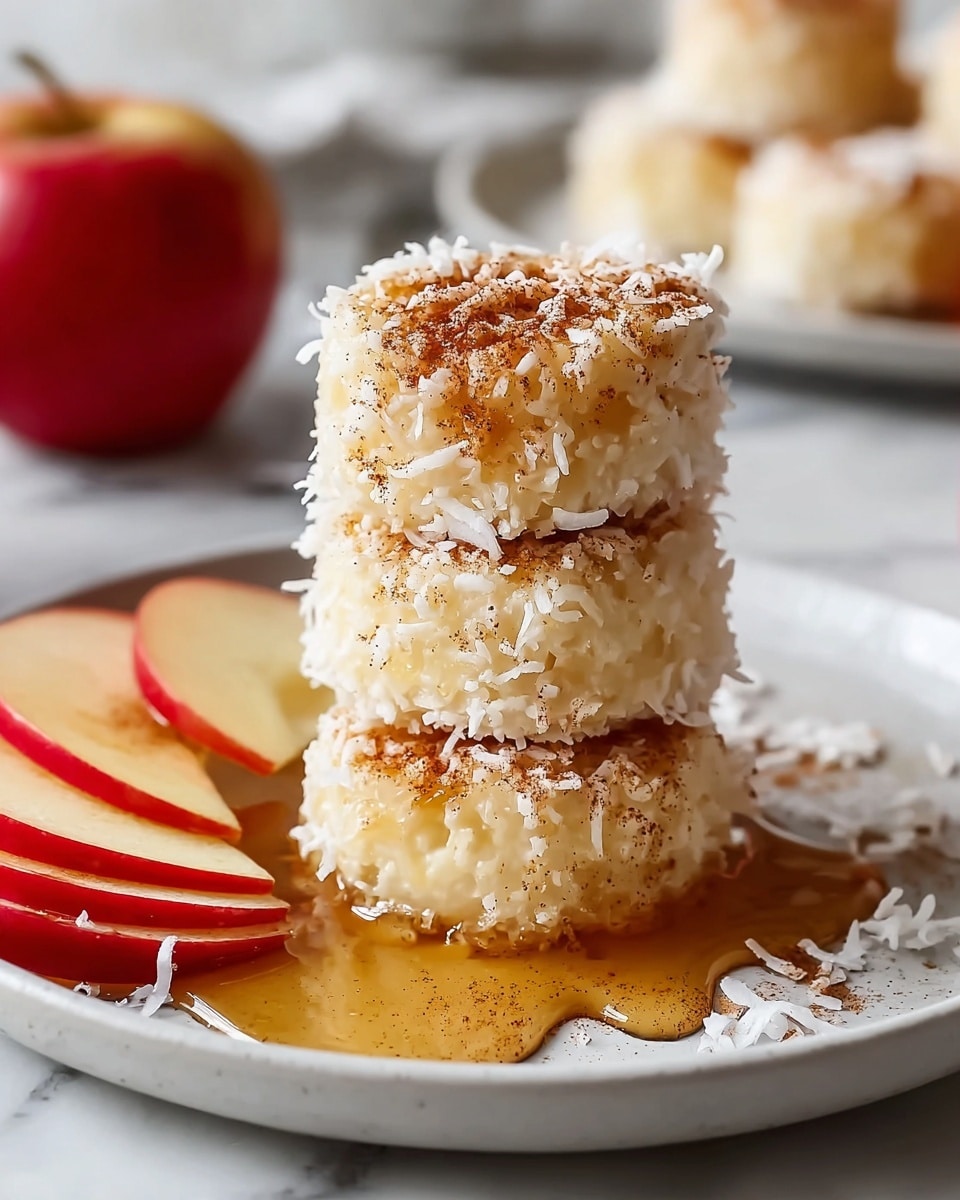 A stack of three small round cakes is placed in the middle of a white plate on a white marbled surface. Each cake layer is covered with white shredded coconut and a light dusting of cinnamon, giving a rough texture. Golden honey is dripping down from the top cake, flowing over the sides and pooling slightly on the plate. Around the cakes, there are a few thin slices of red apple with white flesh arranged on the plate, adding color contrast. The background shows a blurred red apple and soft beige cloth. Photo taken with an iphone --ar 4:5 --v 7