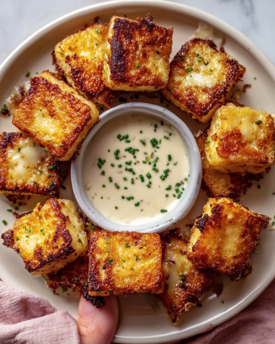 A white plate on a white marbled surface holds neatly arranged golden brown bread cubes with crispy, textured edges, some showing a soft, light yellow inside. In the top center of the plate, there is a small white bowl filled with creamy, off-white sauce sprinkled with green herbs. The bread cubes are slightly glistening, suggesting a buttery coating. The dish is set on a soft pink cloth beneath the plate. photo taken with an iphone --ar 4:5 --v 7