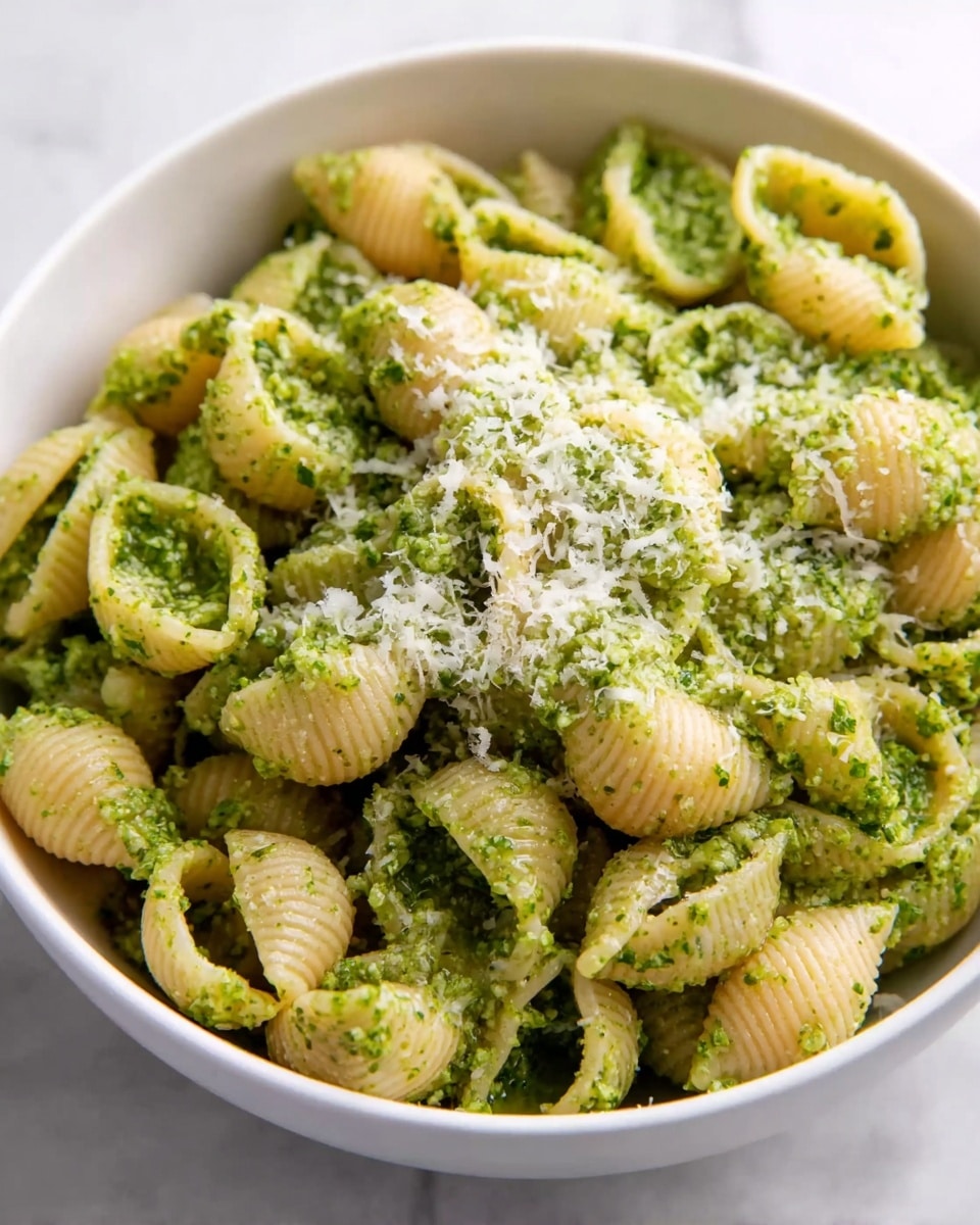 A close-up view of a white bowl filled with shell pasta coated in a green pesto sauce. The pasta shells are spread evenly and mixed with a vibrant, textured green pesto that clings inside and outside the shells. On top, there is a light sprinkling of finely grated white cheese, adding a delicate contrast to the green sauce and beige pasta. The bowl sits on a white marbled surface, giving a clean, fresh background to the dish. photo taken with an iphone --ar 4:5 --v 7