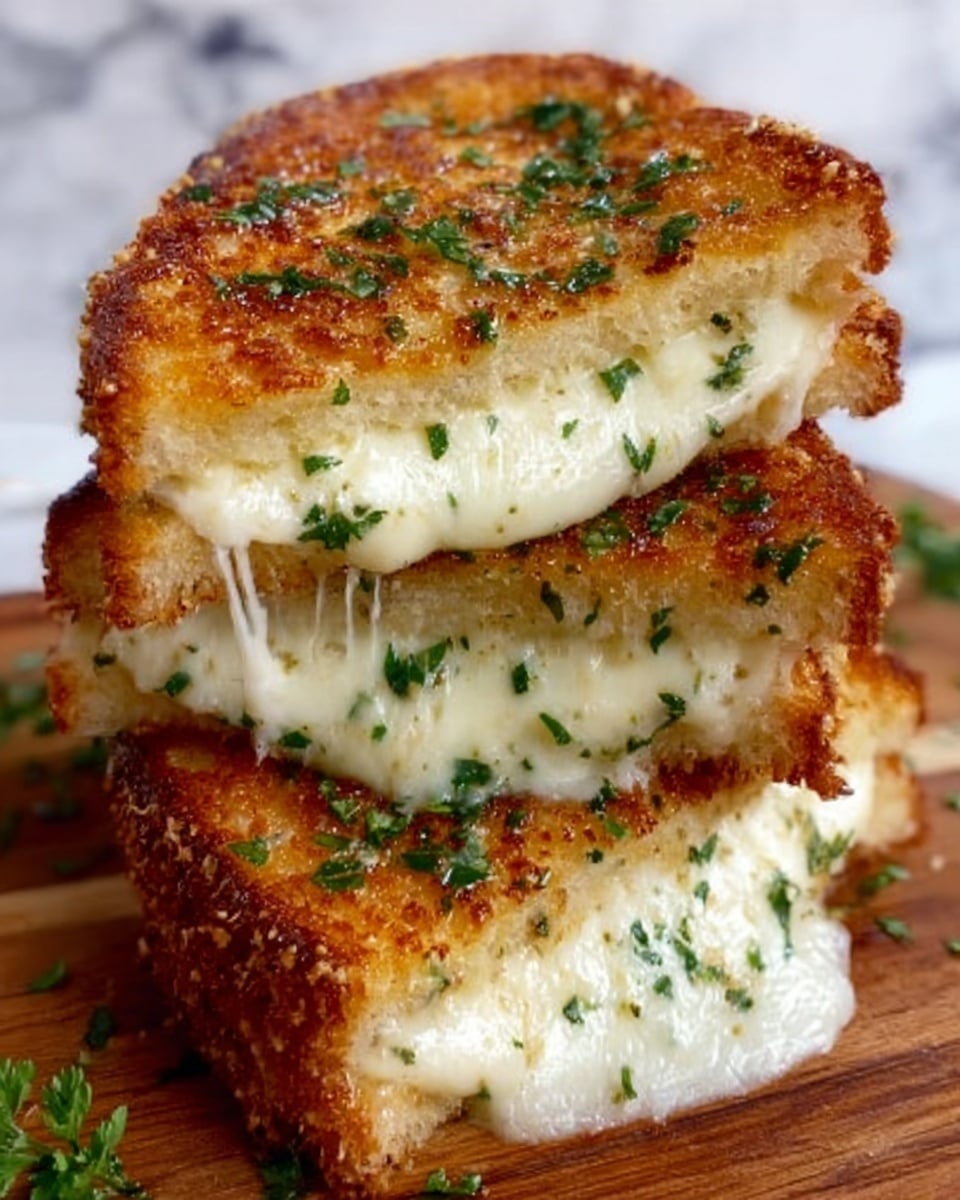 Three triangular grilled cheese sandwich halves are stacked unevenly on a wooden board with a white marbled background. The top sandwich half shows a golden brown, crispy crust speckled with green herbs. The middle sandwich half is slightly pulled apart, revealing gooey, melted white cheese stretching between the halves. The bottom sandwich half rests flat, showing a similar golden toasted texture with some melted cheese seeping out. Photo taken with an iphone --ar 4:5 --v 7